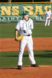 A photo of Brandon Mumaw pitching in a game when he played for the Saint Leo University Lions baseball team